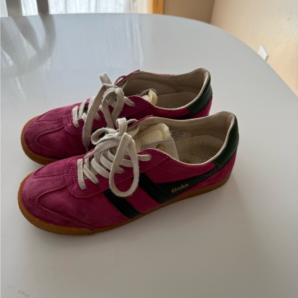 Gola Pink Suede Sneakers with Black Stripes and Green Heel
